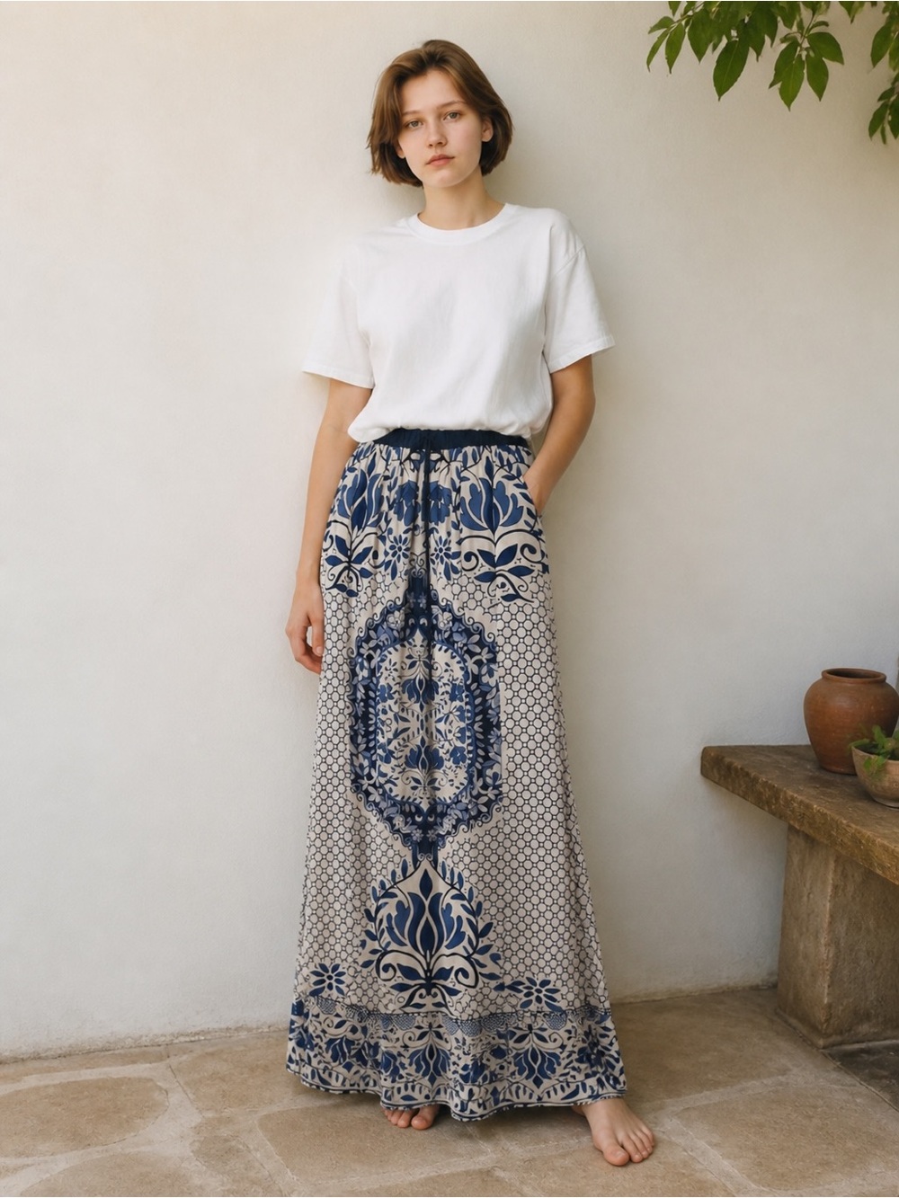 Magic Navy and Cream Printed Maxi Skirt